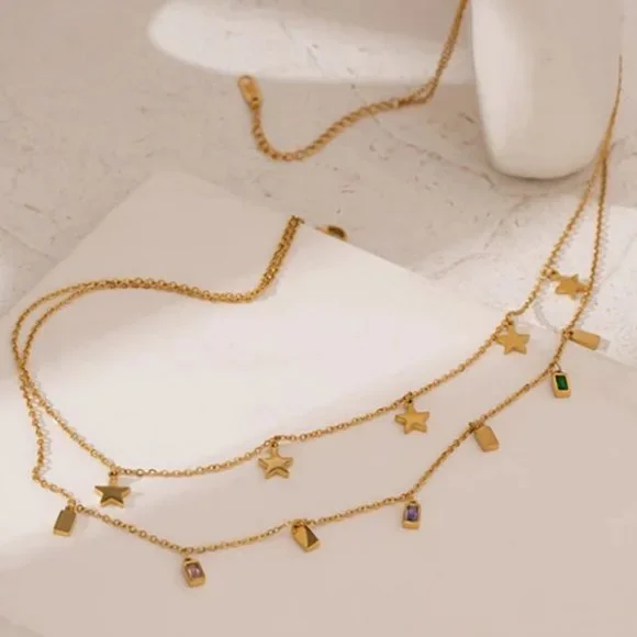NEW 18K Gold Plated Star Square Drop Double Layer Necklace - Picture 6 of 7